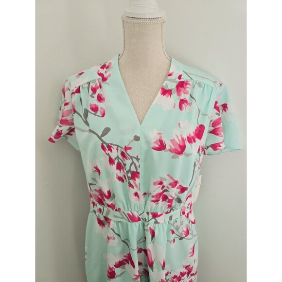 Alex Marie Elise Mint Green Pink Floral Flutter Sleeves V-Neck Dress 12 Large L - Picture 2 of 13